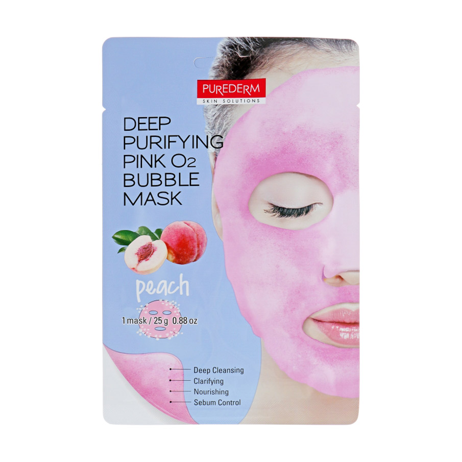 Глибоко очищувальна бульбашкова тканинна маска для обличчя Purederm Deep Purifying Pink O2 Bubble Mask Peach з персиком, 25 г